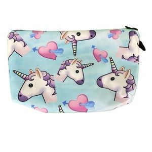 Light Blue Cute and Girly Unicorn and Heart Print Travel Makeup Cosmetics Bag